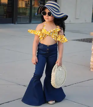Baby Toddler Meitene Polka Dot Dzelteno Pie Pleca Crop Topi, T-kreklu Džinsa Izlīdzināšanu Bikses Bell Grunts Apģērbs Apģērbs