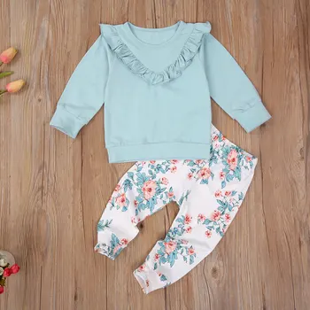 Baby Toddler Meitene Rudenī, Ziemas Apģērbs, Komplekts Blue Savirmot Krekls + Ziedu Drukāt Bikses Zīdaiņu Meitene 2GAB Drēbes