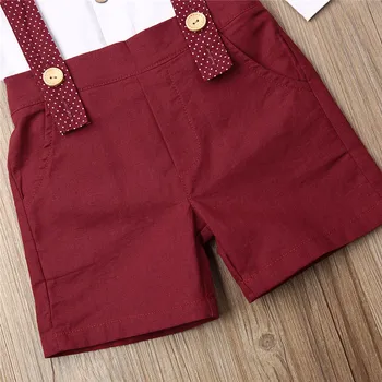 Baby Toddler Zēni Meitenes drēbes loku cietā kārta-apkakle ar garām piedurknēm T-krekli siksnas Pogu pocket Geometry (Dungriņi) 2pc Apģērbs