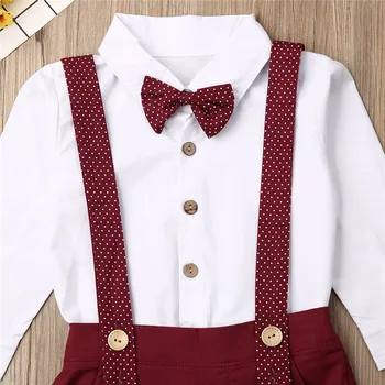 Baby Toddler Zēni Meitenes drēbes loku cietā kārta-apkakle ar garām piedurknēm T-krekli siksnas Pogu pocket Geometry (Dungriņi) 2pc Apģērbs