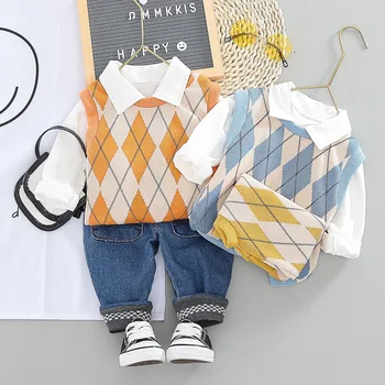 Baby zēni 3pcs apģērbu komplekti pavasara rudens toddler vilnas veste+krekls+džinsa bikses, treniņtērpi, lai bebe zēniem zīdaiņu kāzu drēbes
