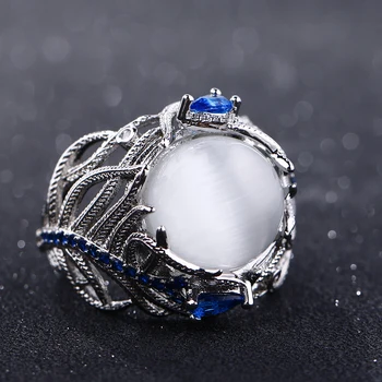 Bague Ringen Modes Izveidota Mēnessakmens Spalvu Dizaina 925 Sterling Silver Gredzeni Sievietēm Vintage Blue Sapphire Dārgakmens Gredzenu