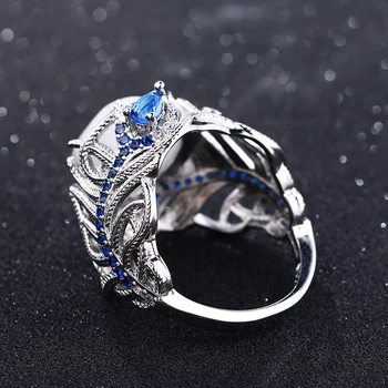 Bague Ringen Modes Izveidota Mēnessakmens Spalvu Dizaina 925 Sterling Silver Gredzeni Sievietēm Vintage Blue Sapphire Dārgakmens Gredzenu