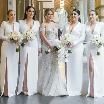Balta Satīna Līgavas Kleitas Ar V-Kakla Apvalks Stila Augsta Dalīts Ar Garām Piedurknēm Kāzu Viesu Kleita 2019 Augstas Kvalitātes Sieviešu Tērpu Lēti