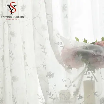 Balto Ziedu Tilla Aizkari viesistabā korejas Milzīgais Voile Aizkari Guļamistabai Logu Pārbaudes Virtuves Pielāgot, Made
