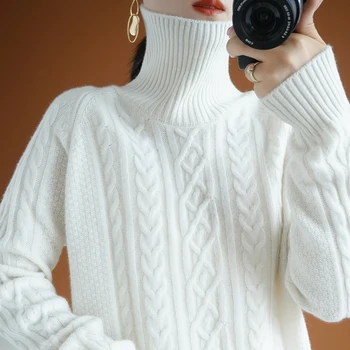 Balts augstu uzrullētu apkakli džemperis bieza wiinter džemperis sievietēm vilnas jaka ar garām piedurknēm svītras īss cēloņu zaudēt top džemperis
