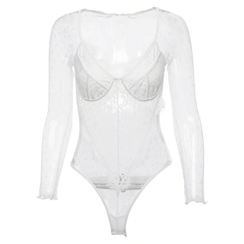 Balts Mežģīņu Bodysuit Sexy Redzēt Caur Sietu Jumpsuit Milzīgais Pārredzamu Garām Piedurknēm Ķermeņa Tērpi Sievietēm 2019 Kombinezonus Melns