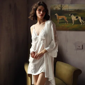 Baltā Kāzu Tērpu Komplekts Sieviešu Peldmētelis Kimono Kleita Vasarā Jaunu Un Seksīgu Intīmas Apakšveļa Naktsveļu Satīna Sleepwear Mājas Apģērba