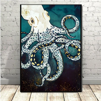 Baltā Un Zelta Astoņkāji Krāsošana Ziemeļvalstu Tumši Krīklis Plakāti Jūras Dzīvi, Mākslas Darbu Mājās, Dekoratīvo Sienu, Mākslas Attēlus Dzīvojamā Istaba