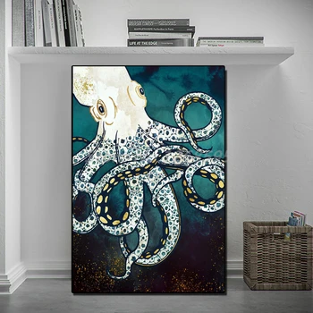 Baltā Un Zelta Astoņkāji Krāsošana Ziemeļvalstu Tumši Krīklis Plakāti Jūras Dzīvi, Mākslas Darbu Mājās, Dekoratīvo Sienu, Mākslas Attēlus Dzīvojamā Istaba
