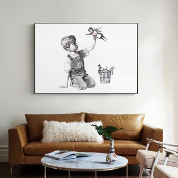 Banksy Cambiador Audekla Plakāta Mazais Zēns Spēlēt Krāsošana Sienas, Mākslas Izdrukas Moduļu Attēlu Home Decoration Dzīvojamā Istaba Bez Rāmja