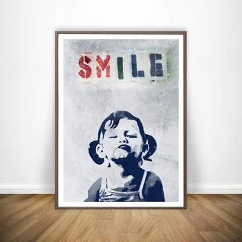 Banksy Graffiti Mākslas Abstraktā Audekls Gleznošanai Plakāti un Izdrukas Smaidu Quote Maza Meitene, Zēns Naudas Sienas Audekls Attēlu, Mājas Dekoru