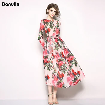 Banulin 2018 Modes Dizainere Skrejceļa Kleita Pavasara Sieviešu garām piedurknēm Beach Dresse Lentes Rožu Ziedu Drukāt Gadījuma Eleganta Kleita