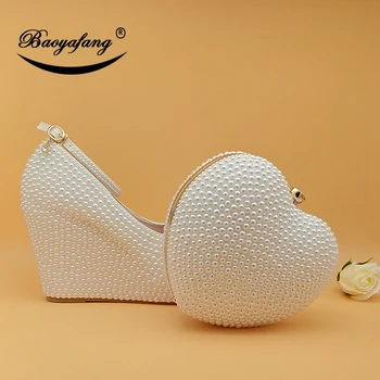 BaoYaFang Sieviešu kāzu kurpes ar atbilstošas somas Augstu Ķīļveida Sirds somiņā Balts/Krēmbalta Krelles puse, apavi un somas jauno ierašanās