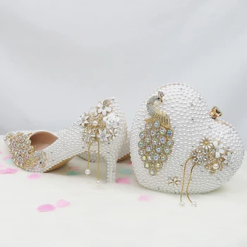 BaoYaFang White pearl Sieviešu kāzu kurpes ar atbilstošas somas līgava Augstas Plānas papēžiem Norādīja Toe Pāvs Dāmas Puses, Apavu maiss komplekts