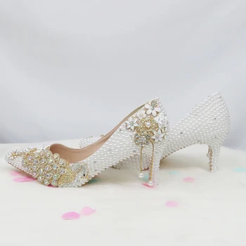 BaoYaFang White pearl Sieviešu kāzu kurpes ar atbilstošas somas līgava Augstas Plānas papēžiem Norādīja Toe Pāvs Dāmas Puses, Apavu maiss komplekts