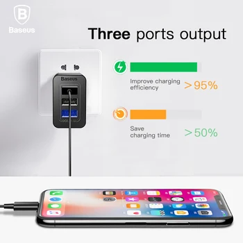 Baseus 3 in 1 USB Lādētājs 3 Ostā, Sienas Lādētāju, ES, ASV, UK Plug iphone X Samsung S9 2.4. Maināmiem Plug Noderīgu Ceļojumu Plug