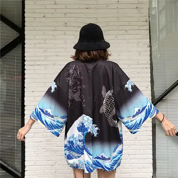 Bebovizi Melna Balta Karpas Drukāt Vasaras Japāņu Modes Sieviešu Harajuku Kimono Jaka Blūze Topi Gadījuma Beach Kimonos Drēbes