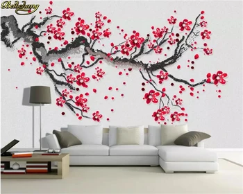 Beibehang Pielāgotus foto tapetes, sienas skaists, rokām apgleznotas plūmes, sarkano plūmju jaunais Ķīnas TV fona wall papers mājas dekoru