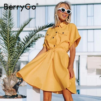 BerryGo Dāmas birojs sievietes kleitu gadījuma Cietu pogas sieviešu krekls sundress 2020. gada Vasaras stilu zaudēt piedurknēm līnijas midi kleita