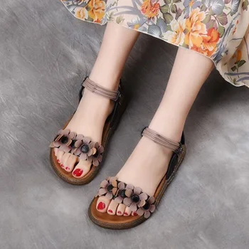 BEYARNE Īstas Ādas Sieviešu Sandales 2019 Modes Zema Papēža Ziedu Vasaras Kurpes, ērtas Dāmas Platformas Sandales ShoesE807