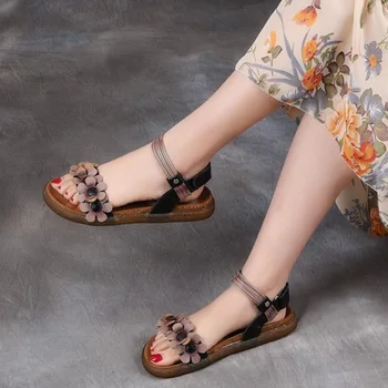 BEYARNE Īstas Ādas Sieviešu Sandales 2019 Modes Zema Papēža Ziedu Vasaras Kurpes, ērtas Dāmas Platformas Sandales ShoesE807