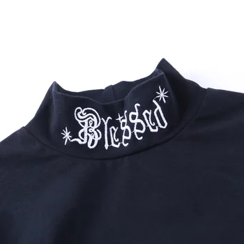Beyouare Gothic Augsta Kakla Burtu Drukāšanas Sexy Kultūru Tops ar garām Piedurknēm T-krekls Rudens Ziemas Black Modes Gadījuma Elegants Sieviešu Tops