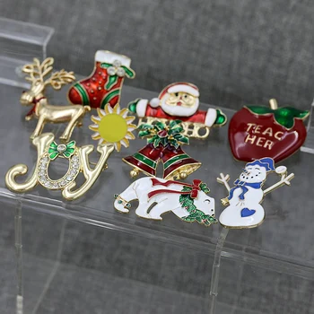 Bezmaksas piegāde 10 gab./daudz modes rotaslietas Ziemassvētku Ziemassvētku Vecīša briežiem zvani broša apple žetons sniegavīrs zābaki saulespuķu broša pin