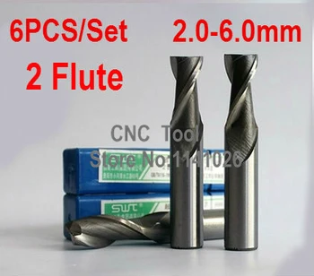 Bezmaksas Piegāde 6 gab./komplekts 2.0~6,0 mm 2 Flauta Frēzēšanas Alumīnija Beigām Dzirnavas Griezējs CNC ,Iekārtas frēzēšanas rotācijas griezējs