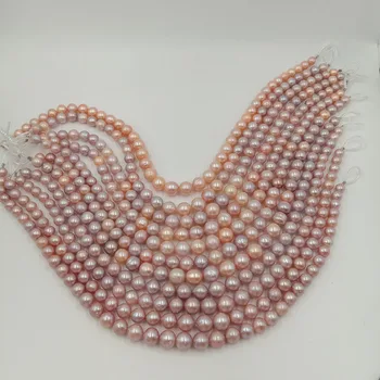Bezmaksas piegāde ar 16 collu 8-12 mm, violeta apaļu perlamutra pērlītēm, daļa-AA Dabas saldūdens pērle, LIELS KESHI BAROKA formas