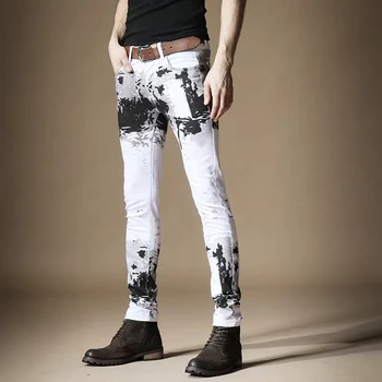 Bezmaksas Piegāde Jaunu, vienkāršu vīriešu ikdienas bikses vīriešu džinsi Baltā iela tintes drukā kontrasta krāsu kaklasaišu krāsošanas Ķīniešu stila bikses