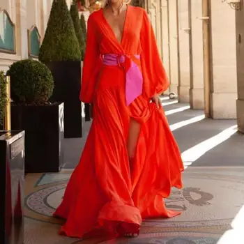 Bezmaksas Piegāde Plus Lieluma Kleitu Tautas Streetwear tīrtoņa Krāsu Laternu Piedurknēm Dziļu V-veida kakla Savākt Vidukļa Elegants Apelsīnu Vestidos
