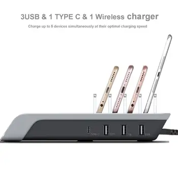 Bezvadu Fast Charger Stāvēt 45W 4 Porti HUB USB Lādētāju ES Uzlādes Staciju 5-in-1 Universālais Lādētājs Doks Turētājs AU UK MUMS Maksas