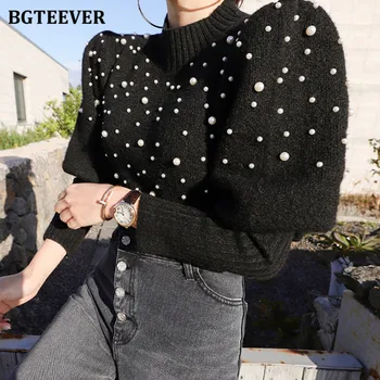 BGTEEVER Stilīgs, Elegants, Pilnībā Piedurknēm Zaudēt Sieviešu Trikotāžas Džemperi O-veida kakla Pērles Sieviešu Džemperi Džemperi Rudens Trikotāža Topi 2020
