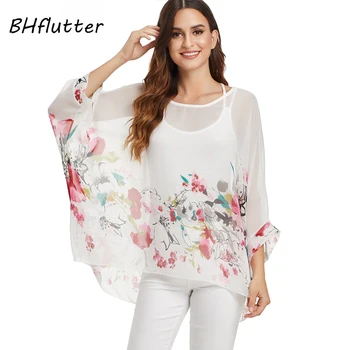 BHflutter Balta Blūze, Krekls Sieviešu Modes Plats Gadījuma Vasaras Topi, T-Veida, Dāmas Drukāt Šifona Blūzes Streetwear Plus Lieluma