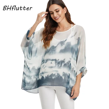 BHflutter Balta Blūze, Krekls Sieviešu Modes Plats Gadījuma Vasaras Topi, T-Veida, Dāmas Drukāt Šifona Blūzes Streetwear Plus Lieluma