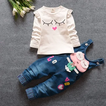 BibiCola baby meiteņu apģērbu komplekti, pavasara rudens jaundzimušo bērnu kokvilnas t-krekls+kombinezoni ar krūšdaļu džinsa bikses 2gab treniņtērpi, lai bebe meiteņu kostīmi