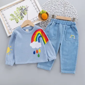 BINIDUCKLING Toddler Zēni Meitenes Drēbes, Uzstādīt Rudens Pavasara Varavīksne Tīras Kokvilnas pelēkā vārna Džinsi Apģērbu Zīdaiņiem Zēns, Zīdaiņu Apģērbs