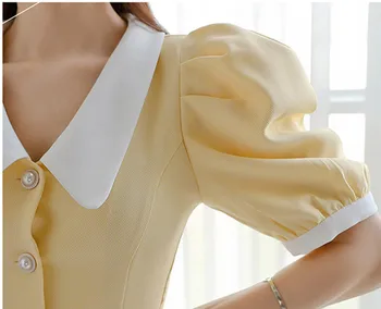 BLLOCUE 2020. gada Vasaras Jauno korejas Sieviešu Kleita Retro Bubble Sleeve Lelle Apkakles Vienu-krūšu Midi Slim zivs astei līdzīgs Kleita