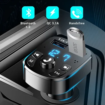 Bluetooth versija 5.0 FM Raidītājs Auto Atskaņotāju Komplektu, atmiņas Karti, Auto Lādētāju Ātri ar QC3.0 Dual USB Voltmetrs & AUX IN/OUT DC 12/24V