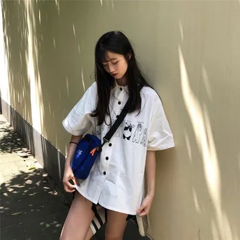 Blūze Sievietēm Krekli Savukārt Apkakle Vasaras Harahjuku Streetwear Iespiesti BF Modes Sieviešu Vintage Elegants Studentiem Ulzzang Šiks