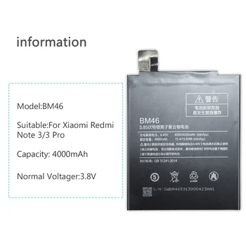 BM46 Akumulatoru Xiaomi Redmi 3. Piezīme Note3 4000mAh Mobilo Telefonu Rezerves Polimēru Uzlādējams Li-ion Akumulators