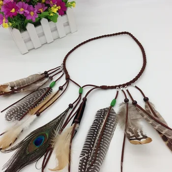 Bohemia etniskā Indijas hipiju pušķis matu virves vēja koka pērlīšu pāva spalvu matu aksesuāri, riepu matu joslā