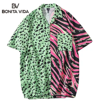 Bonita, Vida Zebras Svītras Leopard Punkti Drukas Krāsu Bloku Raibs Kabatas Īsām Piedurknēm Havaju Krekli Vasaras Gadījuma Pogu, Topi