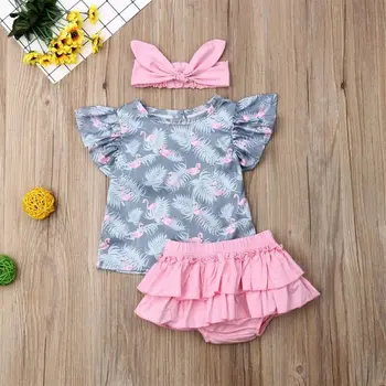 Boutique Bērnu Apģērbu 3pcs Flamingo Drukāt Apģērbs Mazulim Meiteņu Krekls Top+Ruffles Šorti Galvu Jaundzimušo Apģērbs, Komplekts