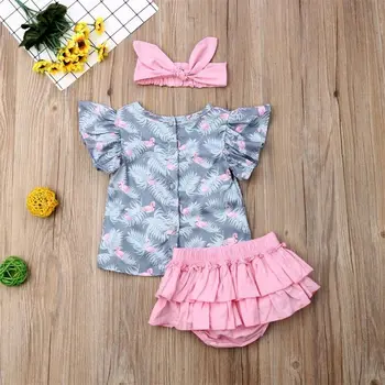 Boutique Bērnu Apģērbu 3pcs Flamingo Drukāt Apģērbs Mazulim Meiteņu Krekls Top+Ruffles Šorti Galvu Jaundzimušo Apģērbs, Komplekts