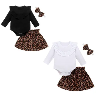 Boutique Bērnu Apģērbu Jaundzimušais Meitene Drēbes Cietā Bodysuit Topi+Leoparda Svārki+Galvas 3pcs Kokvilnas Apģērbs, Komplekts