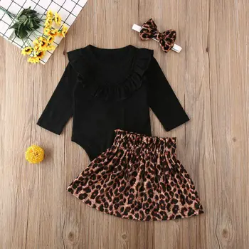Boutique Bērnu Apģērbu Jaundzimušais Meitene Drēbes Cietā Bodysuit Topi+Leoparda Svārki+Galvas 3pcs Kokvilnas Apģērbs, Komplekts
