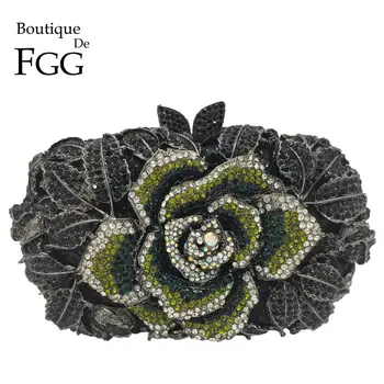 Boutique De FGG Green & Black Rose Puķu Sievietēm, Vakara Somas, Sajūgi, Oficiālas Personas Vakariņas Rhinestones Somas Kāzu Somiņas