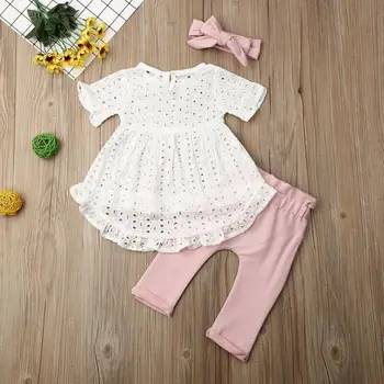 Boutique Meitene Drēbes 3Pcs Jaundzimušā bērna Baby Girl Apģērbu Top T-Krekls ar Mežģīņu Kleita Bowknote Bikses Apģērbs